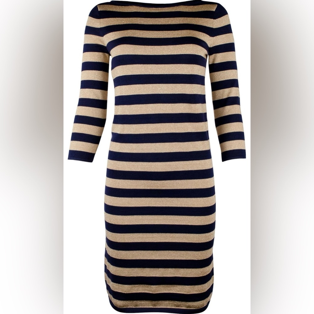 Ralph Lauren Striped Long Sleeve Dress in Navy and Gold